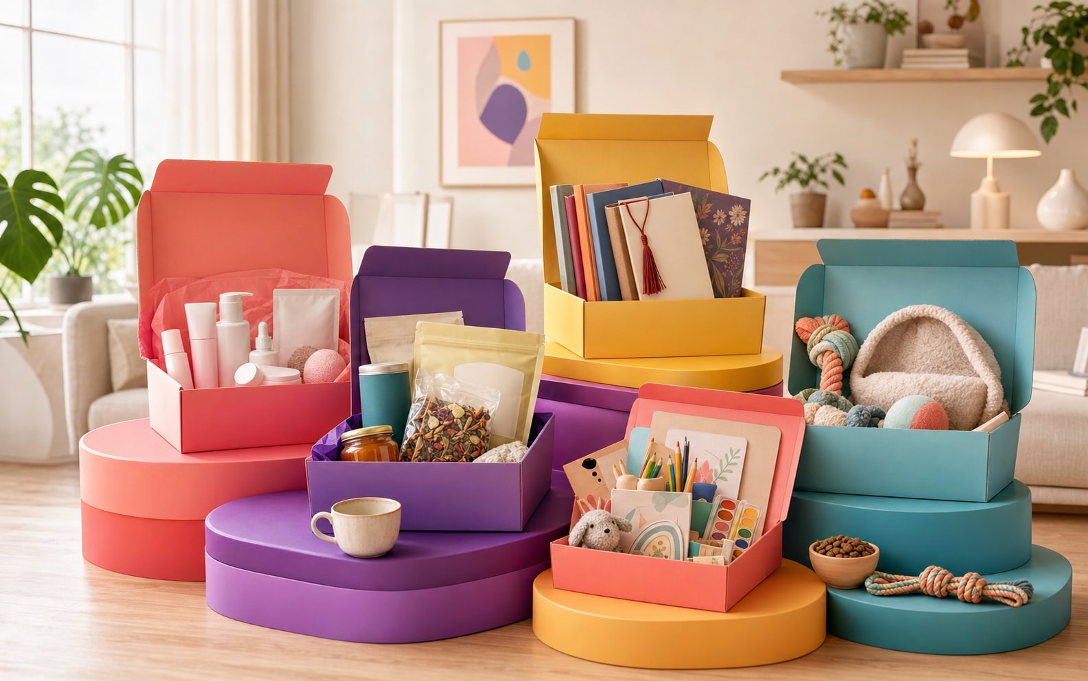 Sélection colorée de box mensuelles beauté, gourmande, lecture, créative et animaux