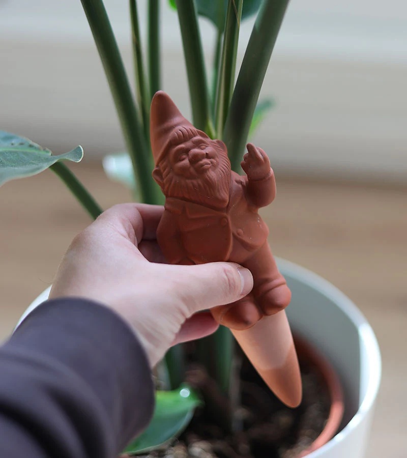 Gnome en terre cuite planté dans un pot pour arroser la plante goutte à goutte