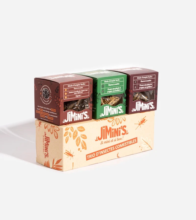 Trois boîtes d'insectes apéritifs Jimini's : molitors, grillons et criquets