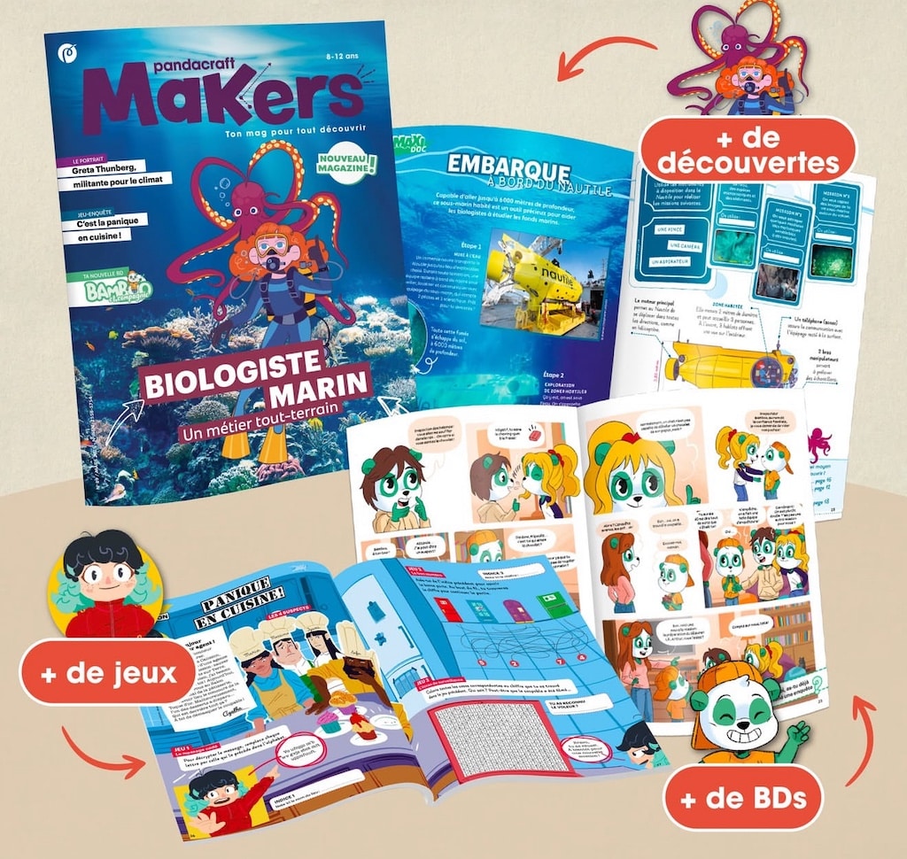 Contenu d'un kit Pandacraft Makers : magazine, activité à monter et matériel fourni