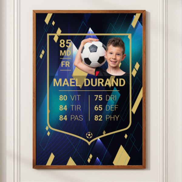 Affiche personnalisée façon carte de joueur de football encadrée