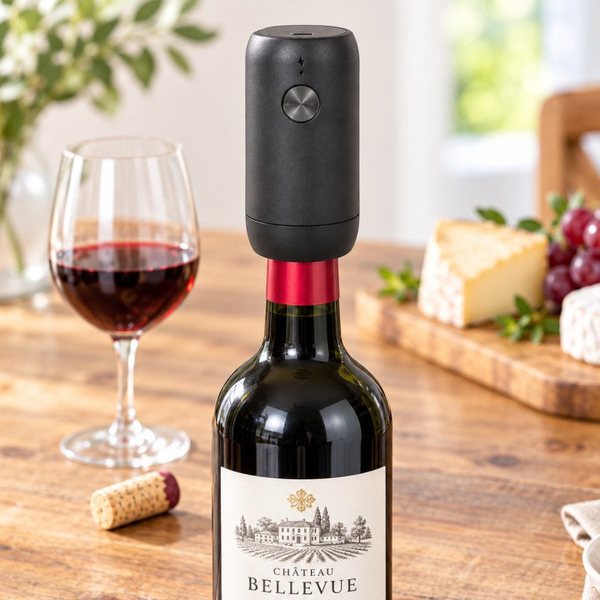 Bouchon sous vide électrique noir posé sur une bouteille de vin rouge à côté d'un verre