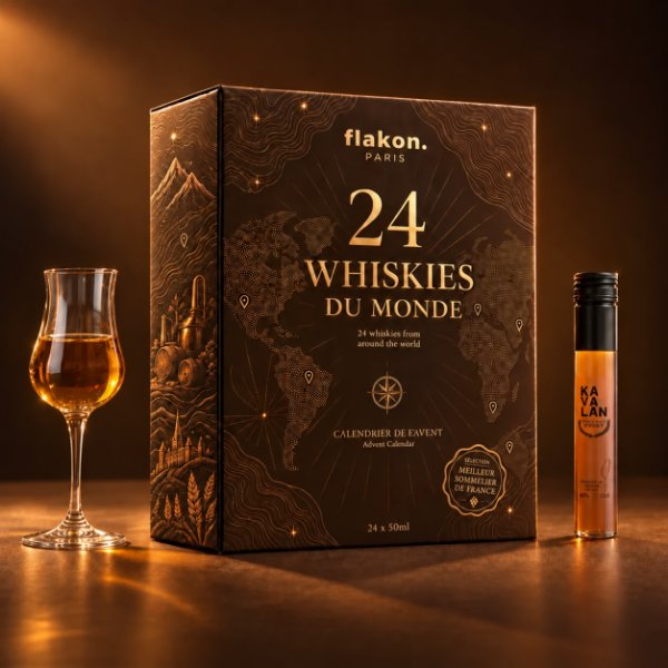 Calendrier de l'Avent Flakon 24 whiskies de France et du monde, coffret noir et or