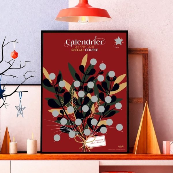 Calendrier de l'Avent à gratter en couple, affiche rouge encadrée
