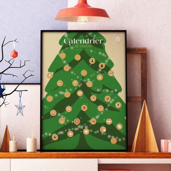 Calendrier de l'Avent à gratter en solo, affiche en forme de sapin encadrée au mur