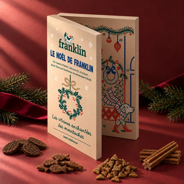 Calendrier de l'Avent pour chien Franklin 2026, boîte en kraft illustrée « Le Noël de Franklin » entourée de friandises