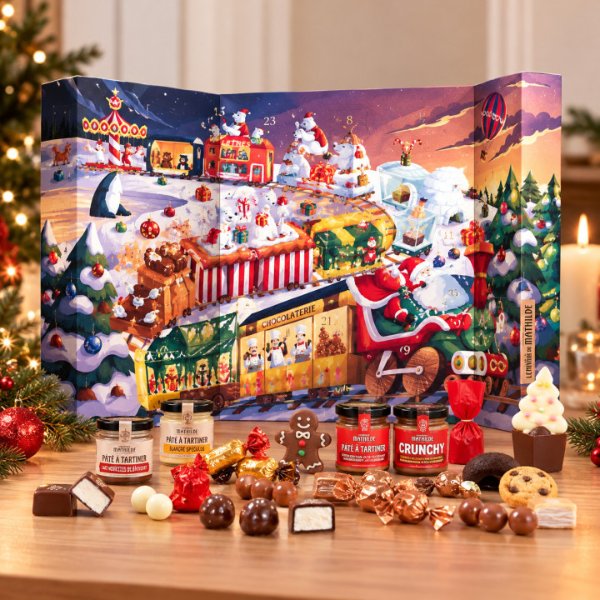 Calendrier de l'Avent sucré Le Comptoir de Mathilde en forme de train, entouré de chocolats, guimauves et pâtes à tartiner