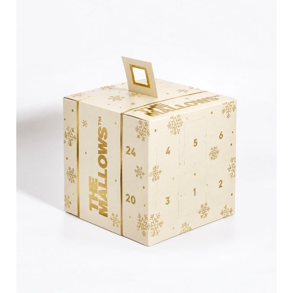 Calendrier de l'Avent marshmallows gourmets, cube doré décoré d'étoiles