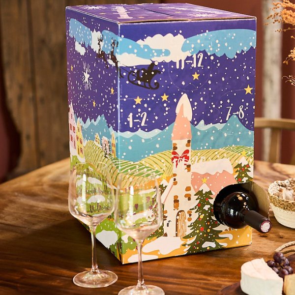 Calendrier de l'Avent du vin La Boîte du Fromager, coffret illustré de 12 bouteilles