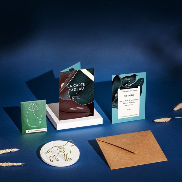 Carte cadeau Kube et box livre posées sur un fond bleu nuit avec une enveloppe kraft