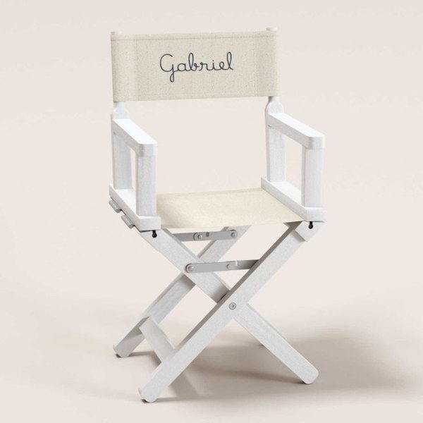 Chaise metteur en scène enfant blanche avec dossier en toile écrue brodé du prénom Gabriel