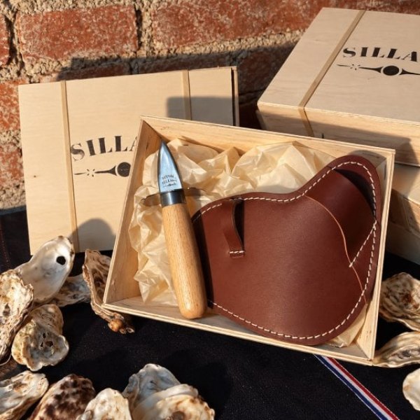 Coffret huîtrier avec gant en cuir, couteau à huîtres et bourriche