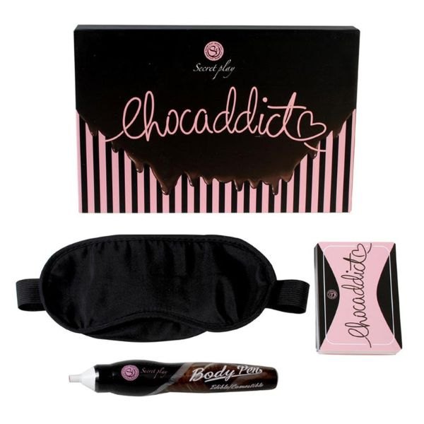 Coffret Chocaddict avec bandeau noir, cartes et stylo de chocolat pour le corps