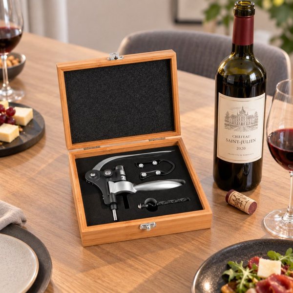 Coffret en bois ouvert avec tire-bouchon à crémaillère en inox à côté d'une bouteille de vin rouge