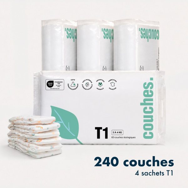 Carton de 240 couches écologiques taille 1 La Marque en Moins avec ses quatre sachets et des couches pliées