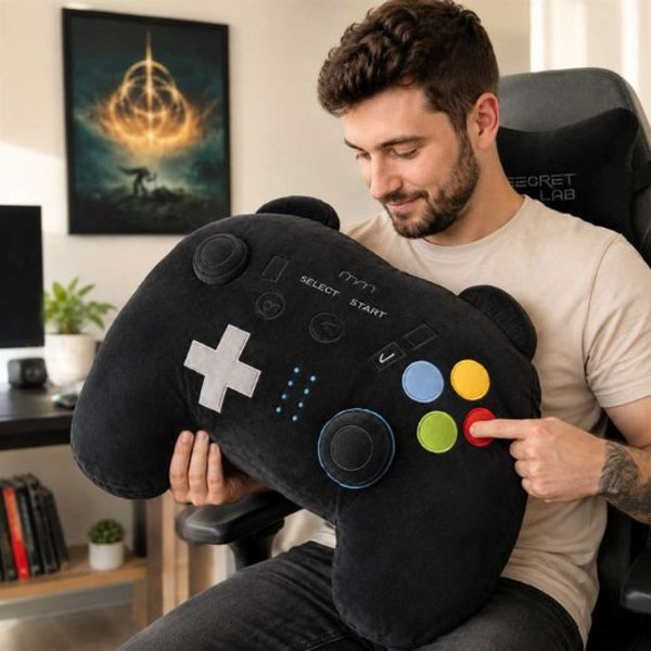 Homme tenant un coussin géant en forme de manette de jeu noire devant son bureau gaming