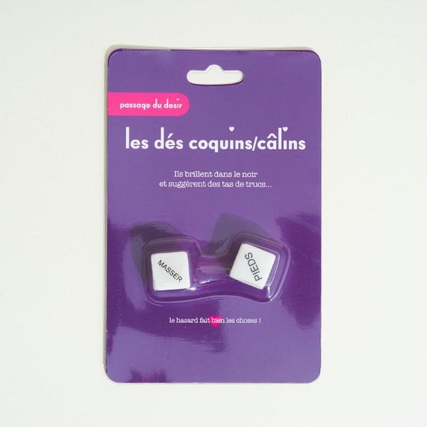 Deux dés coquins blancs dans leur blister violet Passage du Désir