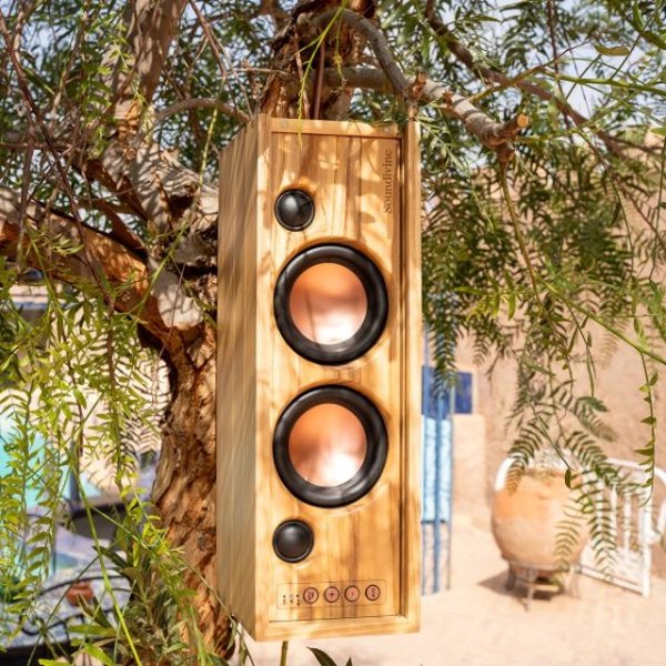 Enceinte Bluetooth The Bottle en frêne avec poignée en cuir posée en extérieur près d'un arbre
