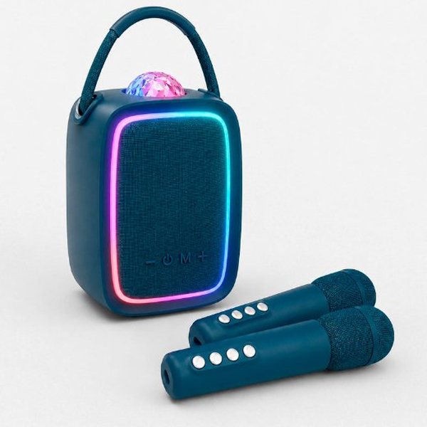 Enceinte karaoké bleue à contour lumineux avec deux micros sans fil