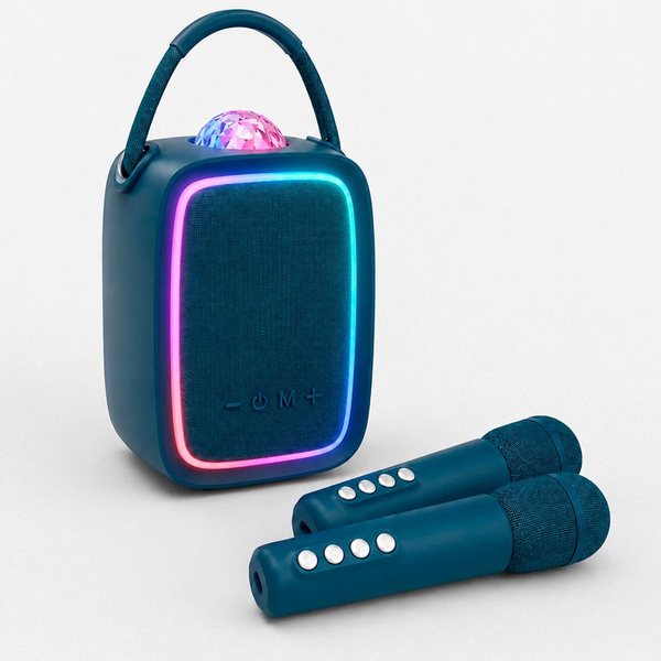 Enceinte karaoké Singy Party bleue avec contour lumineux et ses deux micros sans fil