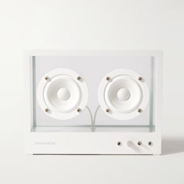 Enceinte Transparent Speaker blanche en verre trempé et aluminium laissant voir ses deux haut-parleurs
