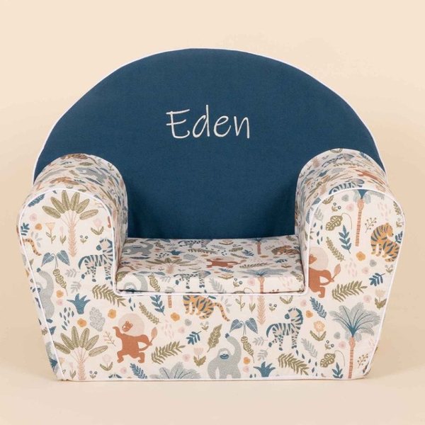 Fauteuil club enfant à motifs jungle avec dossier bleu brodé du prénom Eden