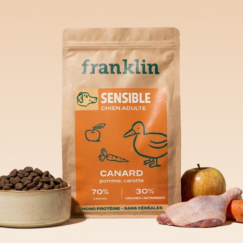 Sac de croquettes Franklin Sensible chien adulte au canard, pomme et carotte, posé à côté d'une gamelle et des ingrédients frais