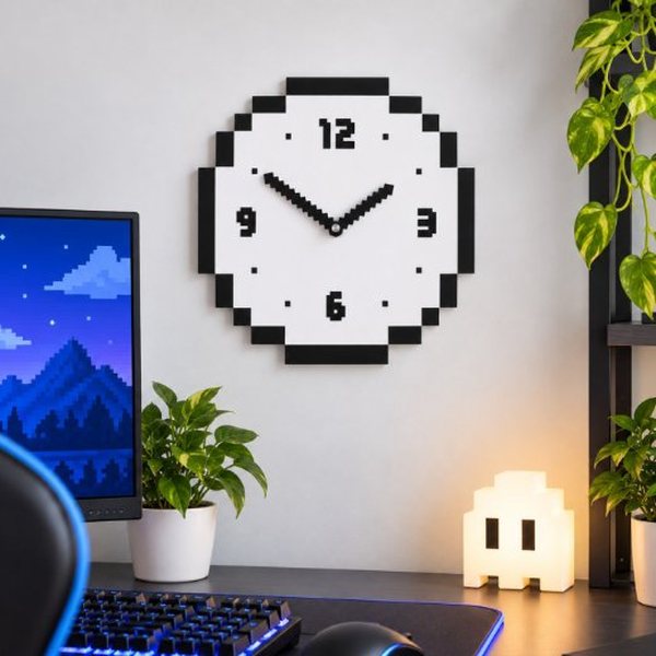 Horloge murale noire et blanche aux chiffres pixelisés au-dessus d'un bureau gaming