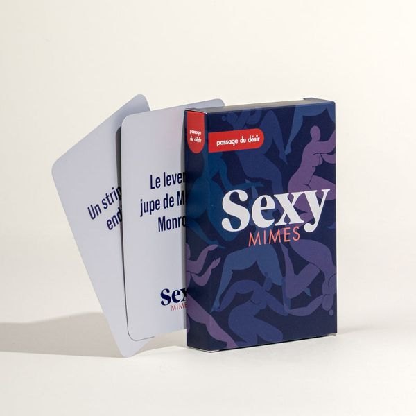Boîte bleu nuit du jeu de cartes Sexy Mimes avec deux cartes sorties