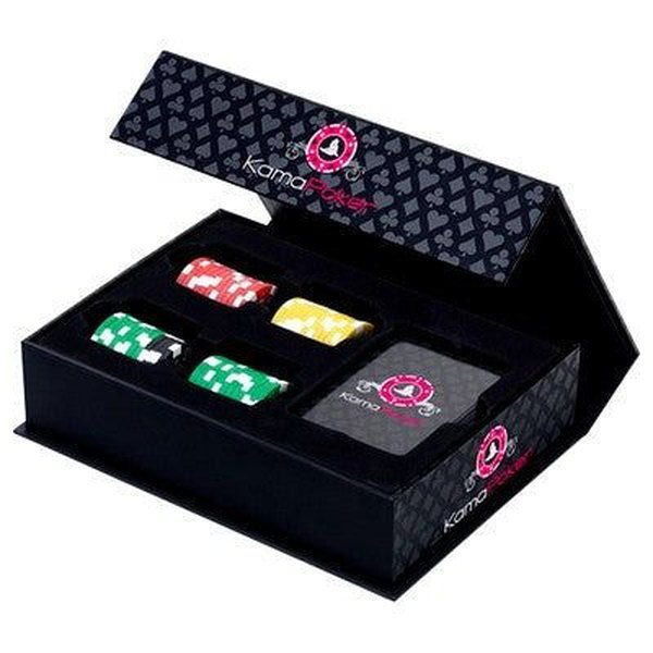 Coffret Kama Poker ouvert avec jetons colorés, dés et cartes
