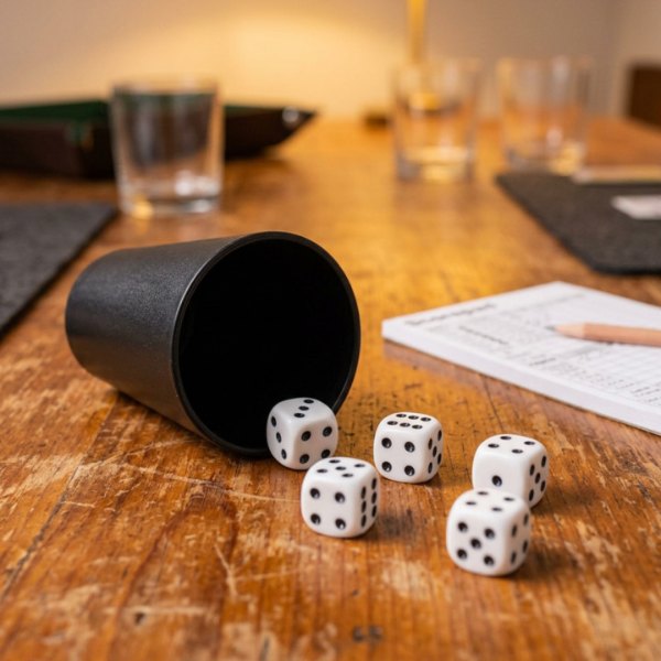 Jeu de cinq dés avec gobelet de lancer et carnet de score