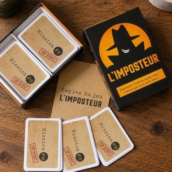Boîte noire et orange du jeu L'Imposteur avec ses cartes mission et sa règle du jeu
