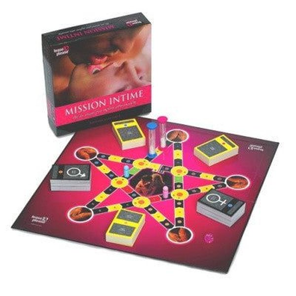 Plateau du jeu coquin Mission Intime avec ses cartes, dés et accessoires