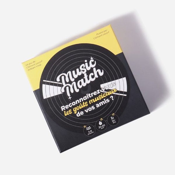 Boîte noire et jaune du jeu MusicMatch sur fond blanc