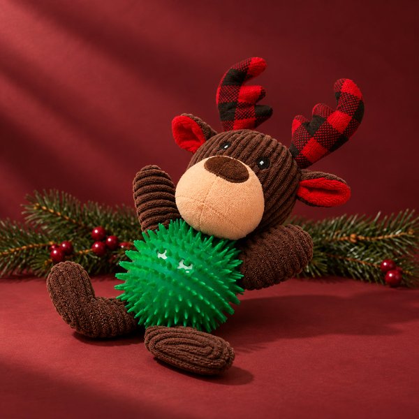 Jouet renne de Noël pour chien Franklin en peluche marron avec une balle verte