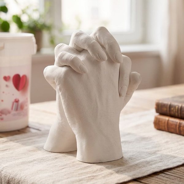 Sculpture en plâtre blanc de deux mains enlacées posée sur une table