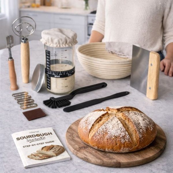 Kit pain au levain avec bocal, banneton, coupe-pâte et miche de pain au levain posée sur une planche