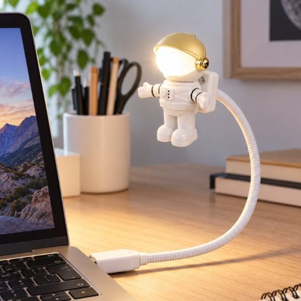 Petite lampe astronaute blanche à tige flexible branchée à un ordinateur portable