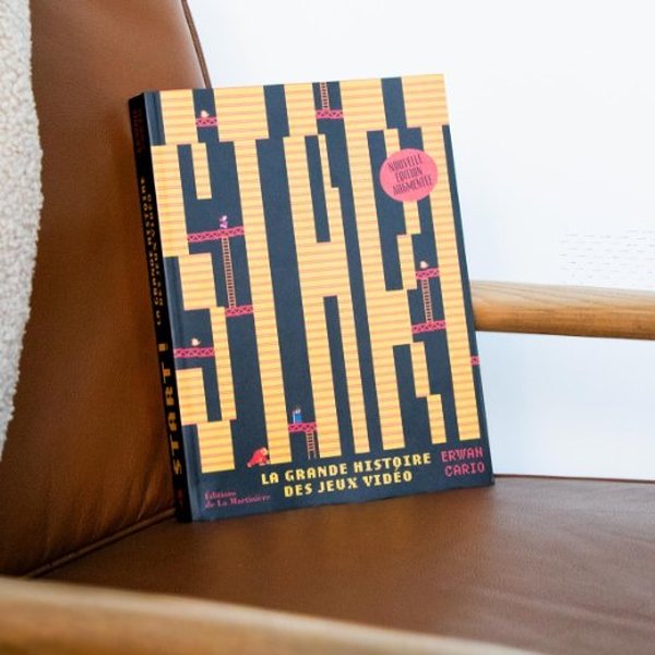 Livre La grande histoire des jeux vidéo posé debout sur un fauteuil