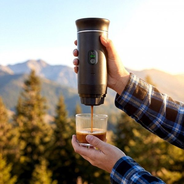 Main tenant une machine à café portable qui verse un expresso dans une tasse, devant des montagnes