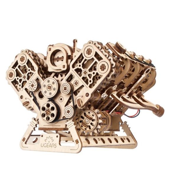 Maquette de moteur V8 en bois Ugears assemblée avec pistons et vilebrequin apparents