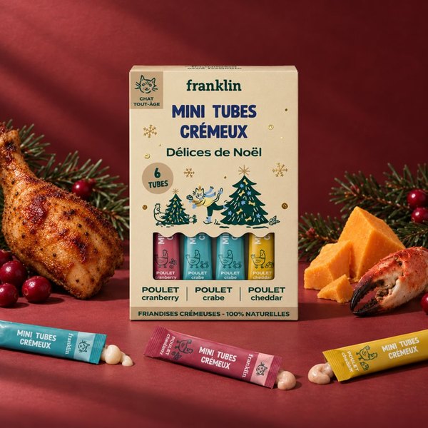 Coffret de mini tubes crémeux de Noël Franklin pour chat, poulet cranberry, crabe et cheddar