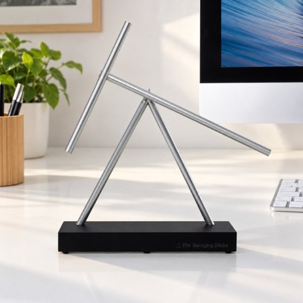Mobile The Swinging Sticks en aluminium aux deux bras en mouvement posé sur un bureau blanc