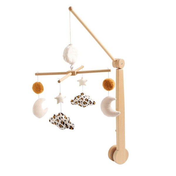 Mobile musical Sauthon en hêtre avec lune, étoile, nuages léopard et pompons moutarde