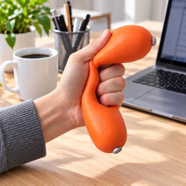 Main qui serre une saucisse anti-stress orange au-dessus d'un bureau avec mug et ordinateur