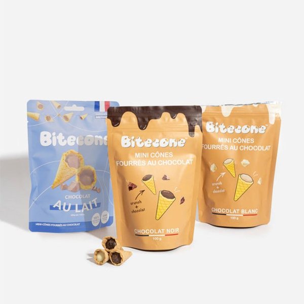 Sachets de mini cônes Bitecone fourrés au chocolat au lait, noisette et noir