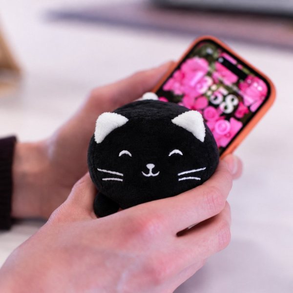 Main qui tient un téléphone et un nettoyeur d'écran en forme de petit chat noir en peluche