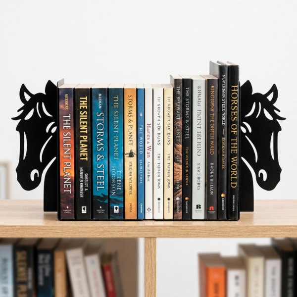 Deux serre-livres en acier noir en forme de chevaux