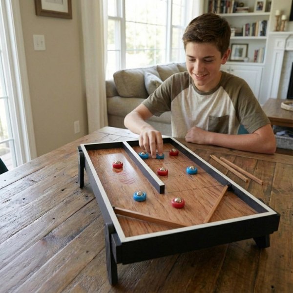 Enfants jouant au speed hockey sur un plateau en bois posé sur la table