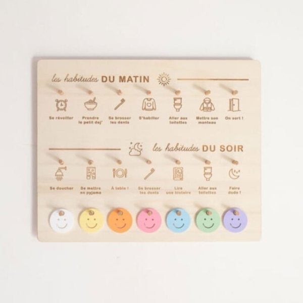 Tableau des routines du matin et du soir en bois avec ses jetons smiley colorés